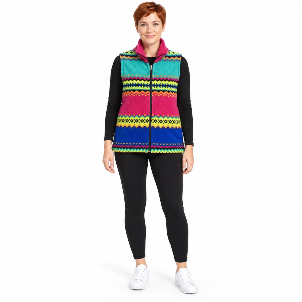 Susan Bristol Fleece Vest Multicolored Geometric Fair Isle Full Zip MEDIUM